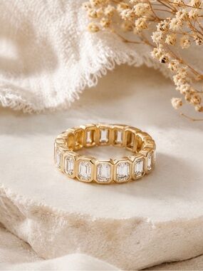 Gold Tone Emerald Cut Clear Zirconia Eternity Ring Size 6